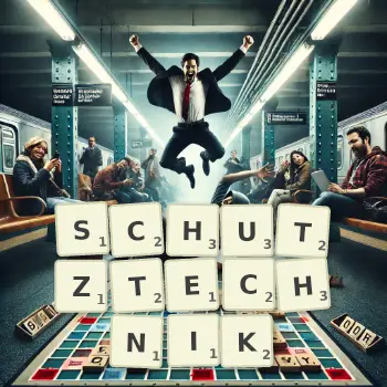 Kreative Illustration für ein Scrabble-Spiel, bei dem das Wort SCHUTZTECHNIK mit Steinen auf dem Brett gelegt wurde.