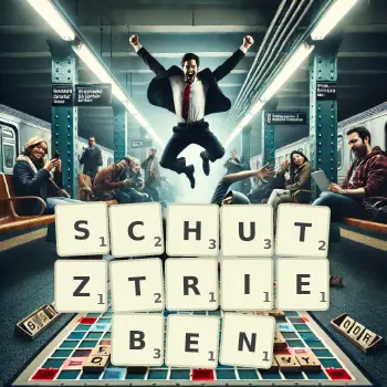 Kreative Illustration für ein Scrabble-Spiel, bei dem das Wort SCHUTZTRIEBEN mit Steinen auf dem Brett gelegt wurde.