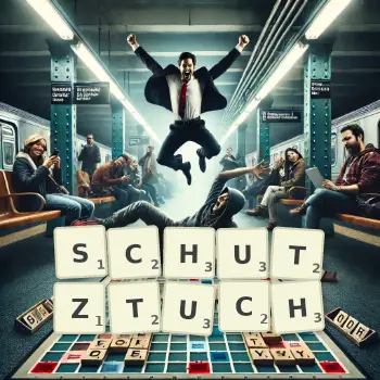 Kreative Illustration für ein Scrabble-Spiel, bei dem das Wort SCHUTZTUCH mit Steinen auf dem Brett gelegt wurde.