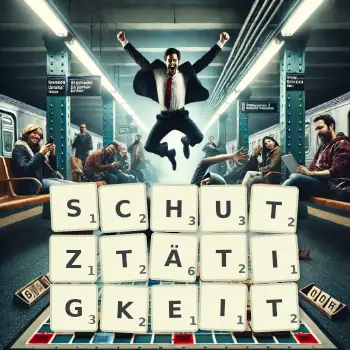 Kreative Illustration für ein Scrabble-Spiel, bei dem das Wort SCHUTZTÄTIGKEIT mit Steinen auf dem Brett gelegt wurde.