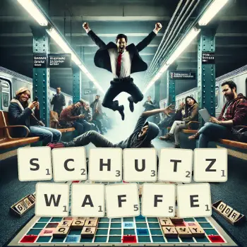 Kreative Illustration für ein Scrabble-Spiel, bei dem das Wort SCHUTZWAFFE mit Steinen auf dem Brett gelegt wurde.