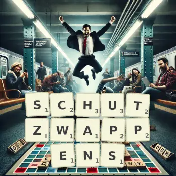 Kreative Illustration für ein Scrabble-Spiel, bei dem das Wort SCHUTZWAPPENS mit Steinen auf dem Brett gelegt wurde.