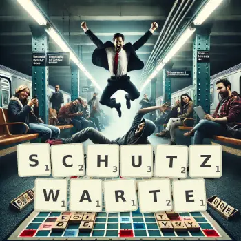 Kreative Illustration für ein Scrabble-Spiel, bei dem das Wort SCHUTZWARTE mit Steinen auf dem Brett gelegt wurde.