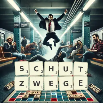 Kreative Illustration für ein Scrabble-Spiel, bei dem das Wort SCHUTZWEGE mit Steinen auf dem Brett gelegt wurde.