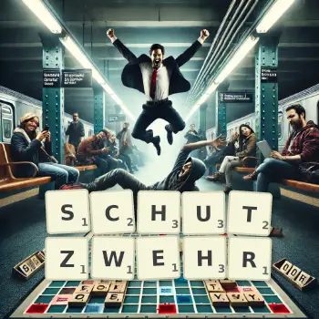 Kreative Illustration für ein Scrabble-Spiel, bei dem das Wort SCHUTZWEHR mit Steinen auf dem Brett gelegt wurde.