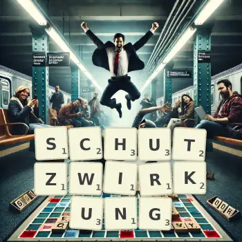 Kreative Illustration für ein Scrabble-Spiel, bei dem das Wort SCHUTZWIRKUNG mit Steinen auf dem Brett gelegt wurde.