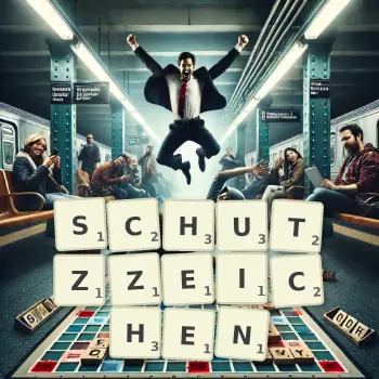 Kreative Illustration für ein Scrabble-Spiel, bei dem das Wort SCHUTZZEICHEN mit Steinen auf dem Brett gelegt wurde.