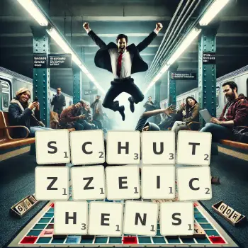 Kreative Illustration für ein Scrabble-Spiel, bei dem das Wort SCHUTZZEICHENS mit Steinen auf dem Brett gelegt wurde.