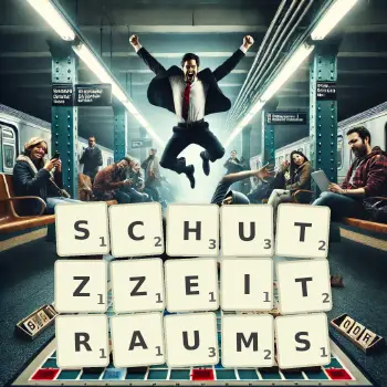 Kreative Illustration für ein Scrabble-Spiel, bei dem das Wort SCHUTZZEITRAUMS mit Steinen auf dem Brett gelegt wurde.