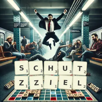 Kreative Illustration für ein Scrabble-Spiel, bei dem das Wort SCHUTZZIEL mit Steinen auf dem Brett gelegt wurde.