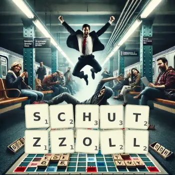 Kreative Illustration für ein Scrabble-Spiel, bei dem das Wort SCHUTZZOLL mit Steinen auf dem Brett gelegt wurde.