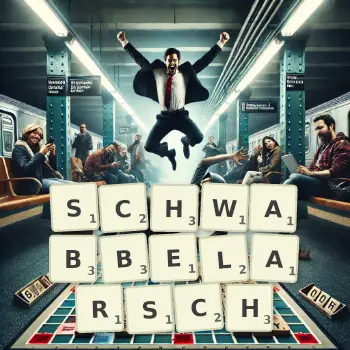 Kreative Illustration für ein Scrabble-Spiel, bei dem das Wort SCHWABBELARSCH mit Steinen auf dem Brett gelegt wurde.