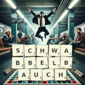 Kreative Illustration für ein Scrabble-Spiel, bei dem das Wort SCHWABBELBAUCH mit Steinen auf dem Brett gelegt wurde.