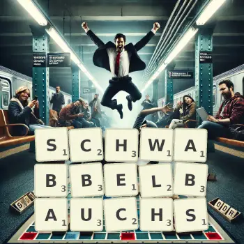 Kreative Illustration für ein Scrabble-Spiel, bei dem das Wort SCHWABBELBAUCHS mit Steinen auf dem Brett gelegt wurde.