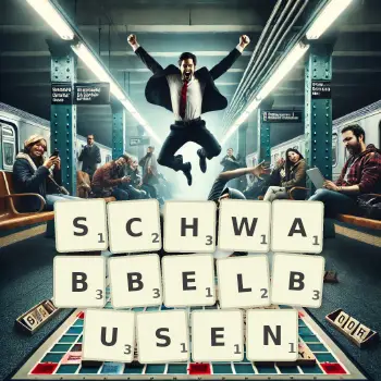 Kreative Illustration für ein Scrabble-Spiel, bei dem das Wort SCHWABBELBUSEN mit Steinen auf dem Brett gelegt wurde.