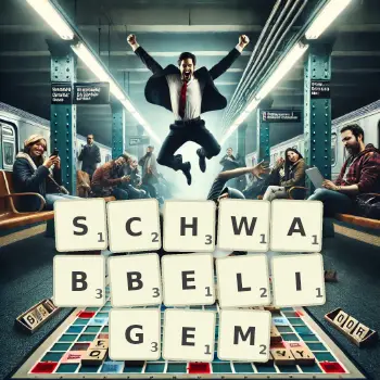 Kreative Illustration für ein Scrabble-Spiel, bei dem das Wort SCHWABBELIGEM mit Steinen auf dem Brett gelegt wurde.
