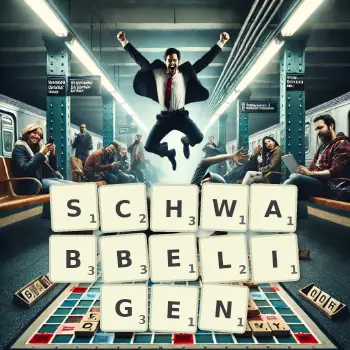 Kreative Illustration für ein Scrabble-Spiel, bei dem das Wort SCHWABBELIGEN mit Steinen auf dem Brett gelegt wurde.