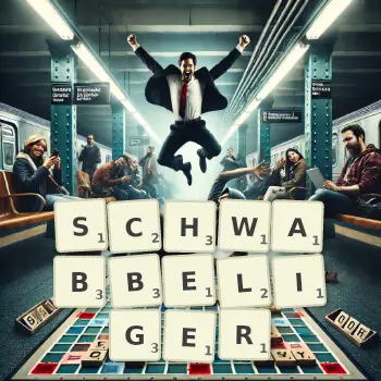 Kreative Illustration für ein Scrabble-Spiel, bei dem das Wort SCHWABBELIGER mit Steinen auf dem Brett gelegt wurde.