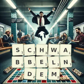 Kreative Illustration für ein Scrabble-Spiel, bei dem das Wort SCHWABBELNDEM mit Steinen auf dem Brett gelegt wurde.
