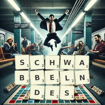 Kreative Illustration für ein Scrabble-Spiel, bei dem das Wort SCHWABBELNDES mit Steinen auf dem Brett gelegt wurde.