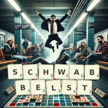 Kreative Illustration für ein Scrabble-Spiel, bei dem das Wort SCHWABBELST mit Steinen auf dem Brett gelegt wurde.