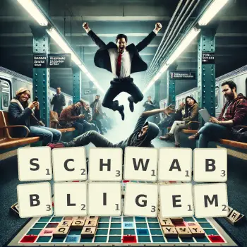 Kreative Illustration für ein Scrabble-Spiel, bei dem das Wort SCHWABBLIGEM mit Steinen auf dem Brett gelegt wurde.