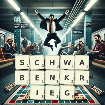 Kreative Illustration für ein Scrabble-Spiel, bei dem das Wort SCHWABENKRIEG mit Steinen auf dem Brett gelegt wurde.