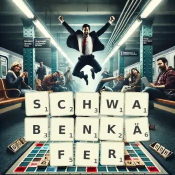 Kreative Illustration für ein Scrabble-Spiel, bei dem das Wort SCHWABENKÄFER mit Steinen auf dem Brett gelegt wurde.
