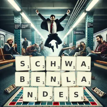 Kreative Illustration für ein Scrabble-Spiel, bei dem das Wort SCHWABENLANDES mit Steinen auf dem Brett gelegt wurde.