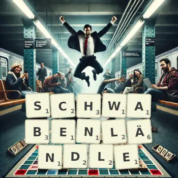 Kreative Illustration für ein Scrabble-Spiel, bei dem das Wort SCHWABENLÄNDLE mit Steinen auf dem Brett gelegt wurde.