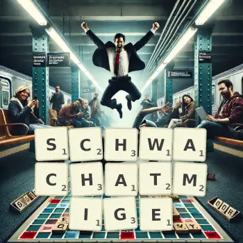 Kreative Illustration für ein Scrabble-Spiel, bei dem das Wort SCHWACHATMIGE mit Steinen auf dem Brett gelegt wurde.