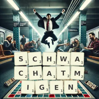 Kreative Illustration für ein Scrabble-Spiel, bei dem das Wort SCHWACHATMIGEN mit Steinen auf dem Brett gelegt wurde.