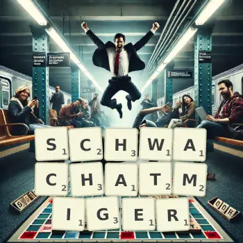 Kreative Illustration für ein Scrabble-Spiel, bei dem das Wort SCHWACHATMIGER mit Steinen auf dem Brett gelegt wurde.