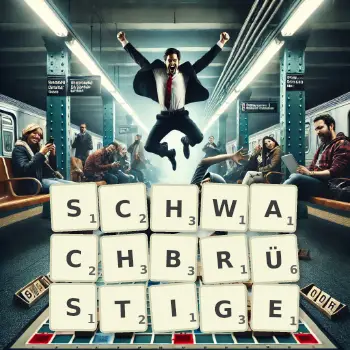Kreative Illustration für ein Scrabble-Spiel, bei dem das Wort SCHWACHBRÜSTIGE mit Steinen auf dem Brett gelegt wurde.