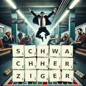 Kreative Illustration für ein Scrabble-Spiel, bei dem das Wort SCHWACHHERZIGER mit Steinen auf dem Brett gelegt wurde.