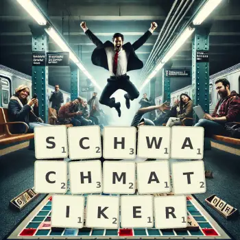 Kreative Illustration für ein Scrabble-Spiel, bei dem das Wort SCHWACHMATIKER mit Steinen auf dem Brett gelegt wurde.