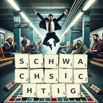 Kreative Illustration für ein Scrabble-Spiel, bei dem das Wort SCHWACHSICHTIG mit Steinen auf dem Brett gelegt wurde.