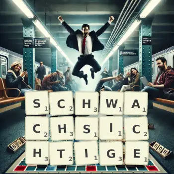 Kreative Illustration für ein Scrabble-Spiel, bei dem das Wort SCHWACHSICHTIGE mit Steinen auf dem Brett gelegt wurde.
