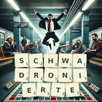 Kreative Illustration für ein Scrabble-Spiel, bei dem das Wort SCHWADRONIERTE mit Steinen auf dem Brett gelegt wurde.