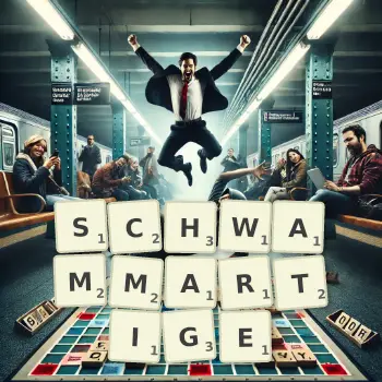 Kreative Illustration für ein Scrabble-Spiel, bei dem das Wort SCHWAMMARTIGE mit Steinen auf dem Brett gelegt wurde.