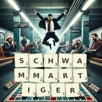 Kreative Illustration für ein Scrabble-Spiel, bei dem das Wort SCHWAMMARTIGER mit Steinen auf dem Brett gelegt wurde.
