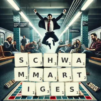 Kreative Illustration für ein Scrabble-Spiel, bei dem das Wort SCHWAMMARTIGES mit Steinen auf dem Brett gelegt wurde.