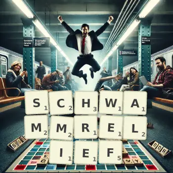Kreative Illustration für ein Scrabble-Spiel, bei dem das Wort SCHWAMMRELIEF mit Steinen auf dem Brett gelegt wurde.