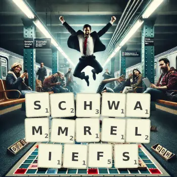 Kreative Illustration für ein Scrabble-Spiel, bei dem das Wort SCHWAMMRELIEFS mit Steinen auf dem Brett gelegt wurde.