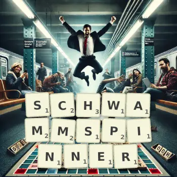 Kreative Illustration für ein Scrabble-Spiel, bei dem das Wort SCHWAMMSPINNER mit Steinen auf dem Brett gelegt wurde.