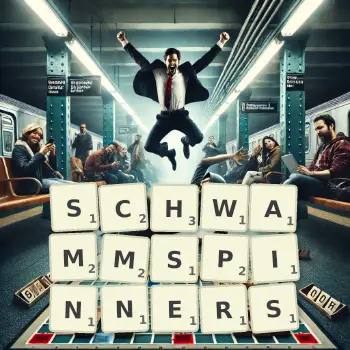 Kreative Illustration für ein Scrabble-Spiel, bei dem das Wort SCHWAMMSPINNERS mit Steinen auf dem Brett gelegt wurde.