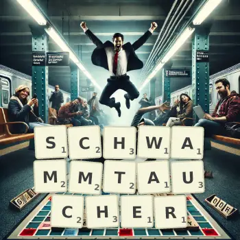 Kreative Illustration für ein Scrabble-Spiel, bei dem das Wort SCHWAMMTAUCHER mit Steinen auf dem Brett gelegt wurde.