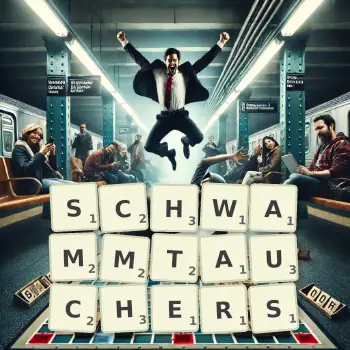Kreative Illustration für ein Scrabble-Spiel, bei dem das Wort SCHWAMMTAUCHERS mit Steinen auf dem Brett gelegt wurde.