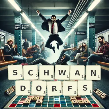 Kreative Illustration für ein Scrabble-Spiel, bei dem das Wort SCHWANDORFS mit Steinen auf dem Brett gelegt wurde.