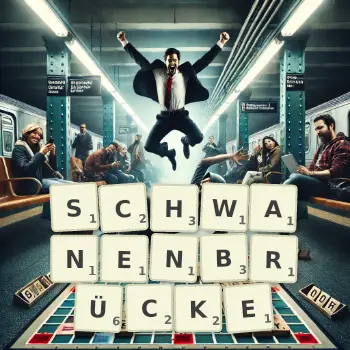 Kreative Illustration für ein Scrabble-Spiel, bei dem das Wort SCHWANENBRÜCKE mit Steinen auf dem Brett gelegt wurde.
